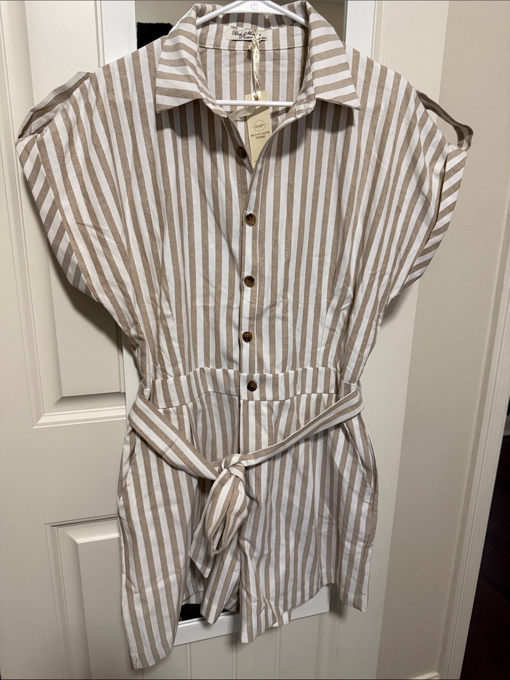 Striped Shirt Jumpsuit with Waist Tie - Beige & White